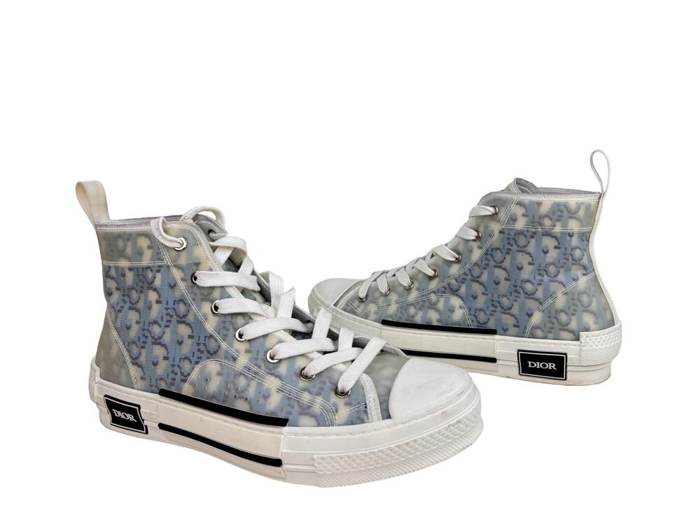 Christian DIOR B23 Blue White Oblique Canvas Lace Up Hi Top Sneakers Men Size 41